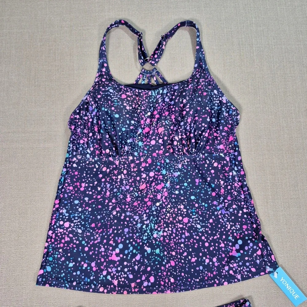 Yonique Womens Tankini Swimsuit Skirt Set Paint Splatter Navy Pink Size‎ M NWT